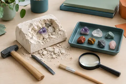 Bloc de plâtre à creuser avec outils, loupe, plateau et pierres colorées à découvrir