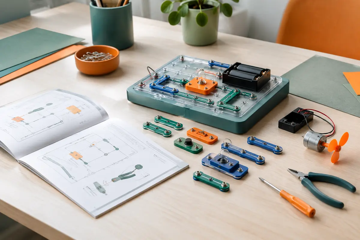 Console en plastique et composants colorés du kit Buki Labo électricité posés sur une table claire.