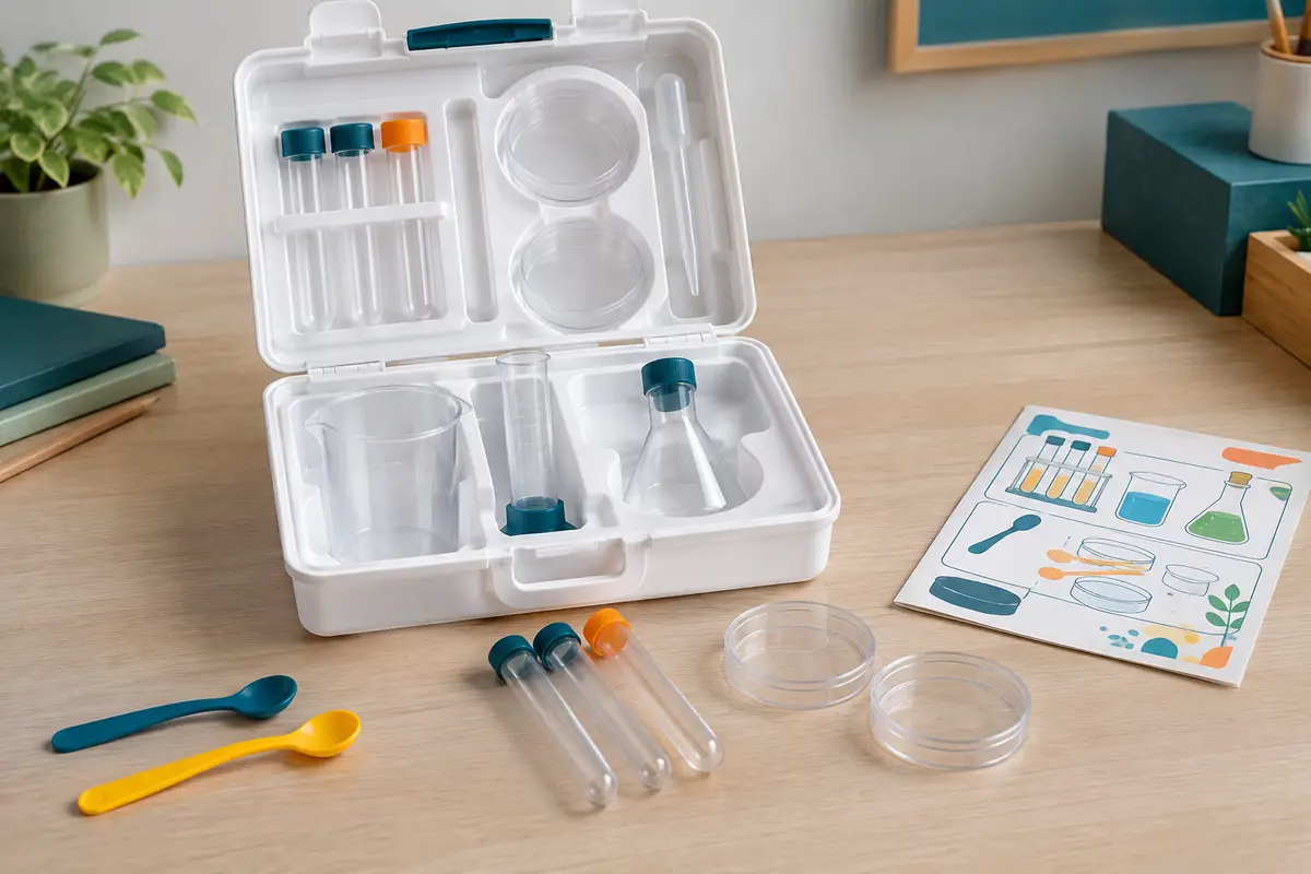 Laboratoire de chimie blanc avec bécher, tubes à essai, boîtes de Petri et accessoires colorés sur une table claire