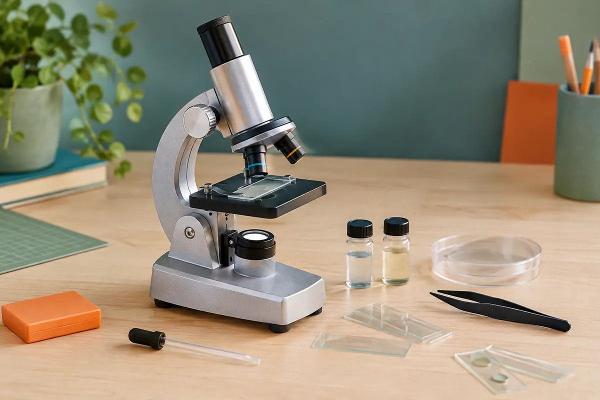 Microscope éducatif en métal argenté avec lamelles, fioles et accessoires de préparation sur une table claire