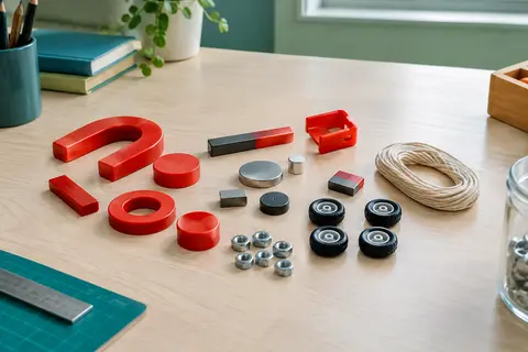 Kit rouge de magnétisme avec aimants, ficelle, écrous et petites roues sur une table claire.