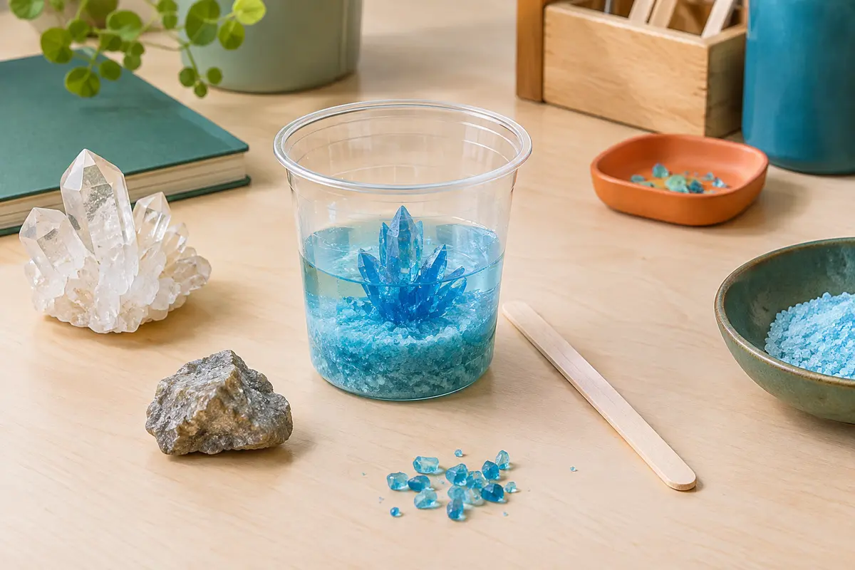 Gobelet de culture, graines et cristal bleu du kit scientifique Buki posés sur une table claire