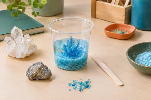 Gobelet de culture, graines et cristal bleu du kit scientifique Buki posés sur une table claire