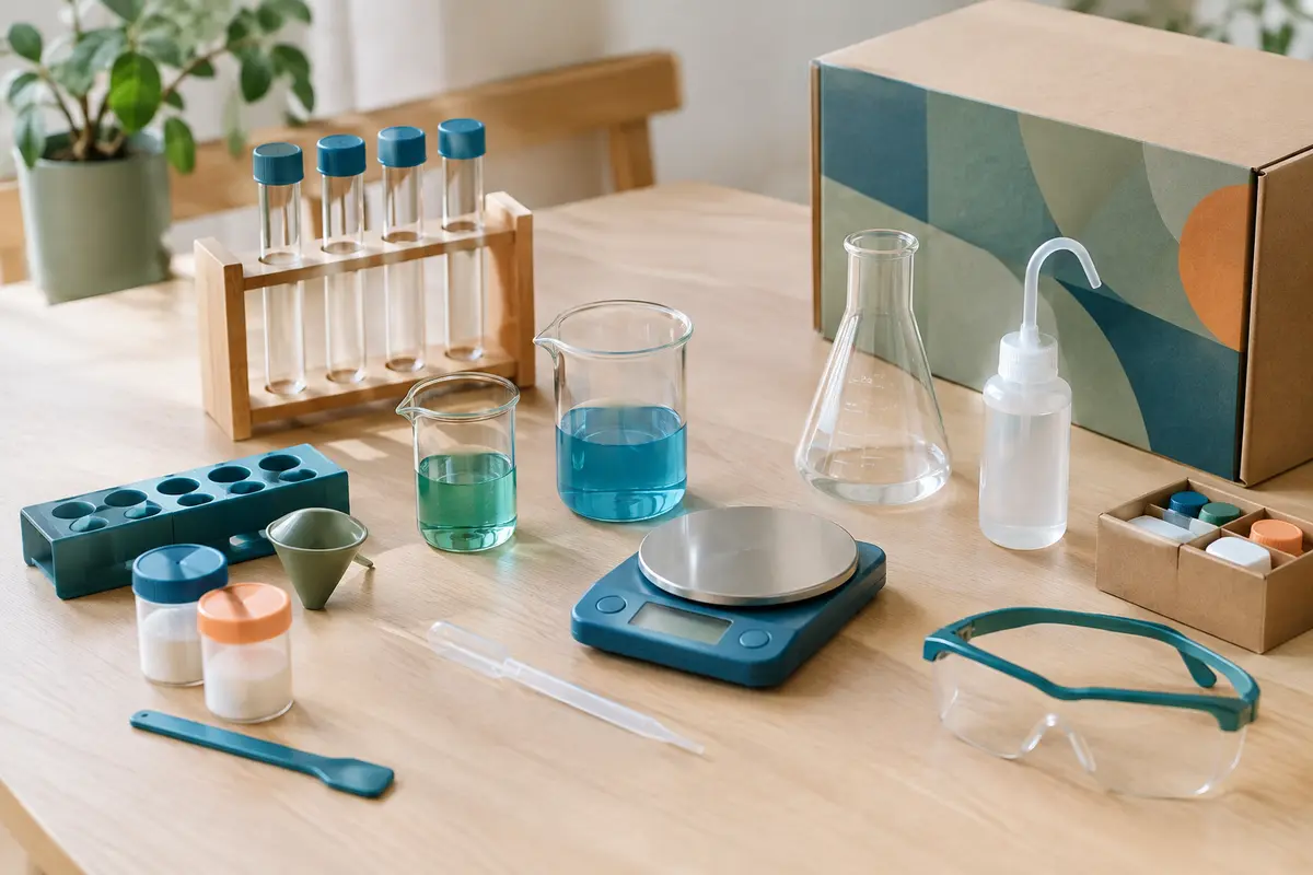 Balance, pipette, tubes à essai et béchers d’un coffret de chimie pour enfant sur une table claire.
