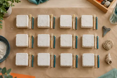 Douze petits blocs de plâtre alignés, chacun avec sa brosse et son ciseau, près d’une dent de requin, d’un corail et d’un gastéropode