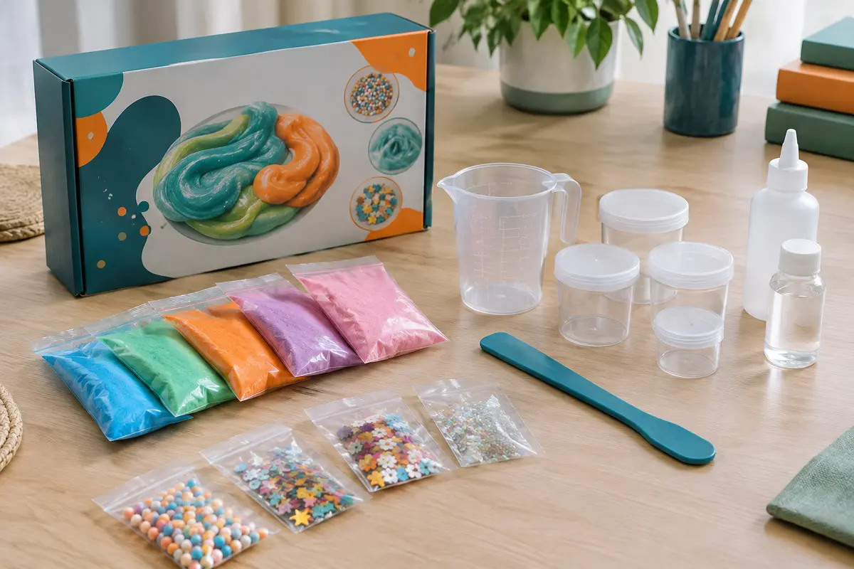 Kit de fabrication de slime avec sachets de poudre, décorations, verre doseur, mélangeur et pots de conservation