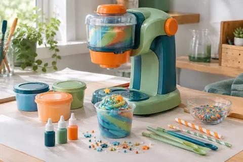 Machine à slime pour glaces avec pots, pailles-cuillères, colorants parfumés et décorations sur une table claire.