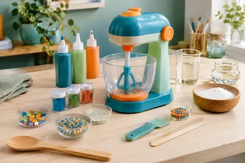 Mini mixeur à slime multicolore avec bouteilles, colorant et décorations sur une table claire.