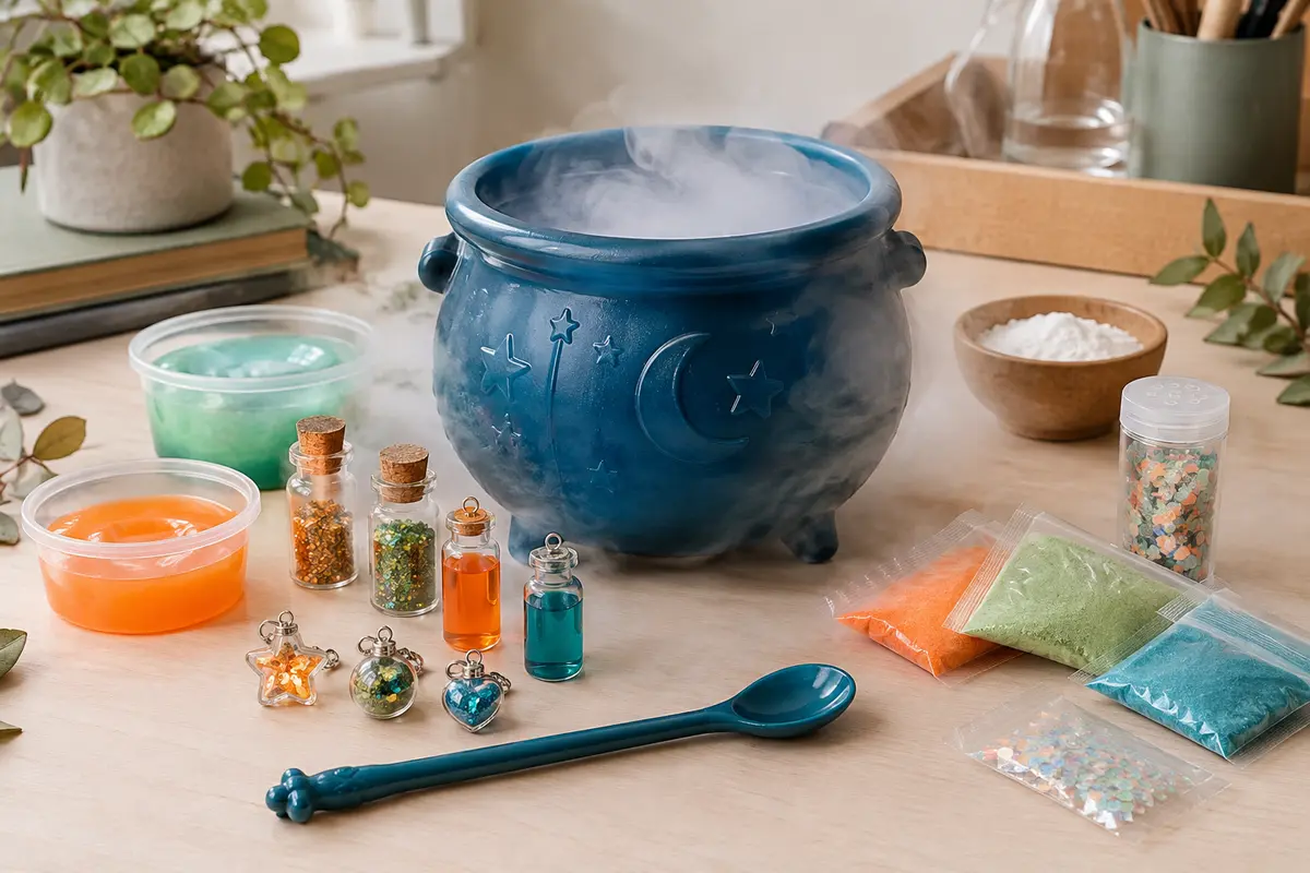 Chaudron bleu de fabrication de slime entouré de shakers, fioles et préparations colorées sur une table claire