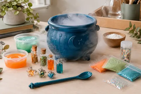 Chaudron bleu de fabrication de slime entouré de shakers, fioles et préparations colorées sur une table claire