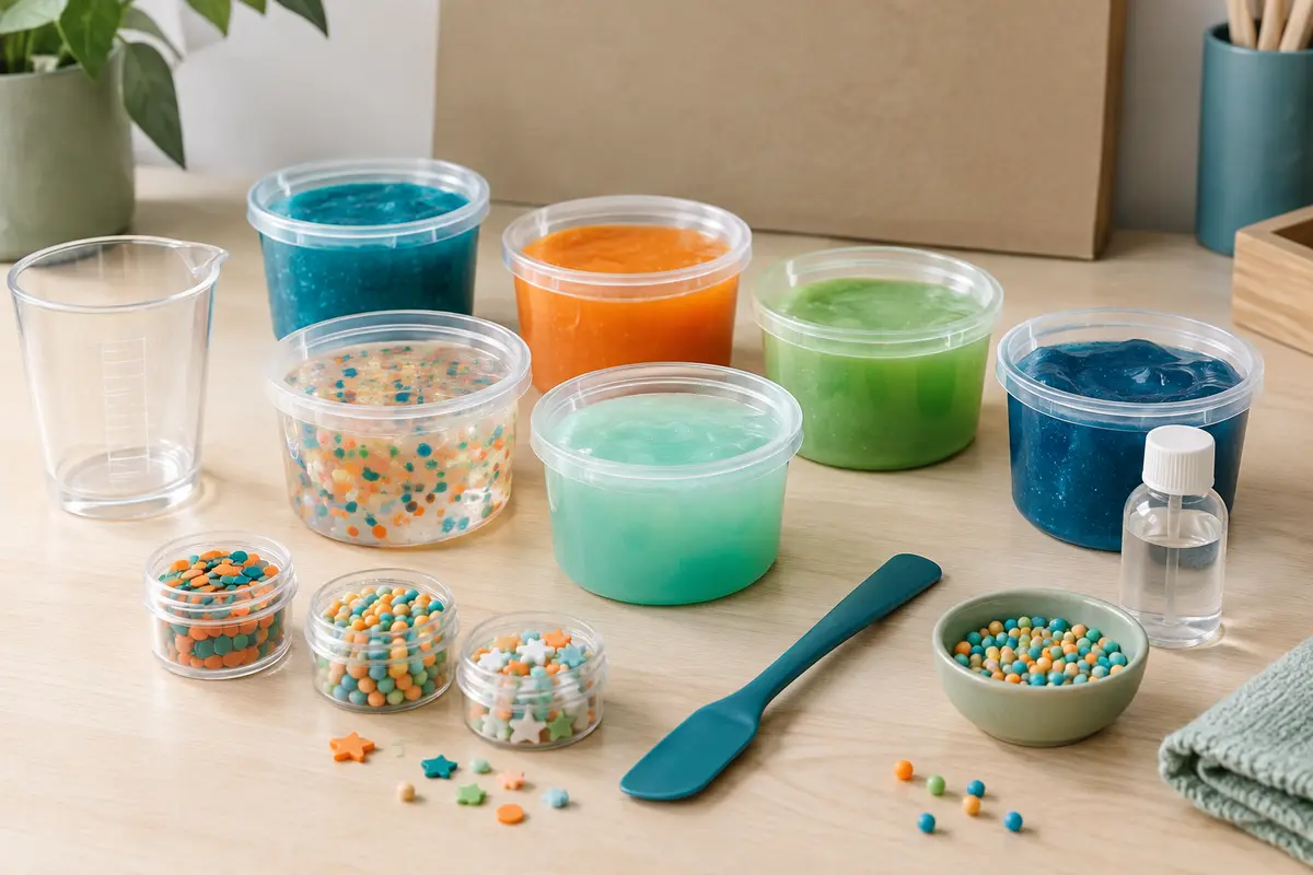 Kit de slime multicolore avec pots, verre doseur, outil mélangeur et décorations sur une table claire.