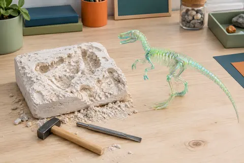 Bloc de plâtre à moitié creusé, marteau, burin et squelette de vélociraptor translucide assemblé sur une table claire