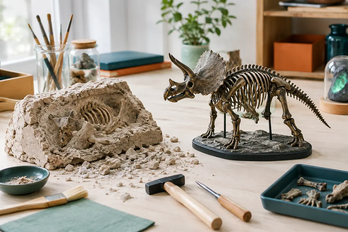 Kit de fouille avec bloc de terre, outils et squelette phosphorescent de Tricératops assemblé