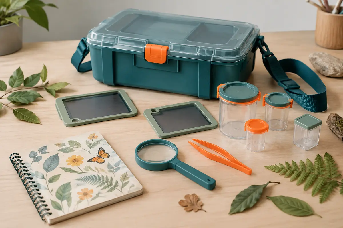 Kit d’observation des insectes Clementoni avec module, loupe, pince, récipients et bandoulière sur une table