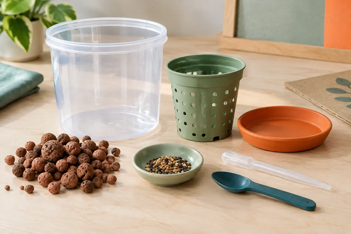 Kit de botanique hydroponique avec pot transparent, graines, argile expansée et petits outils sur une table claire