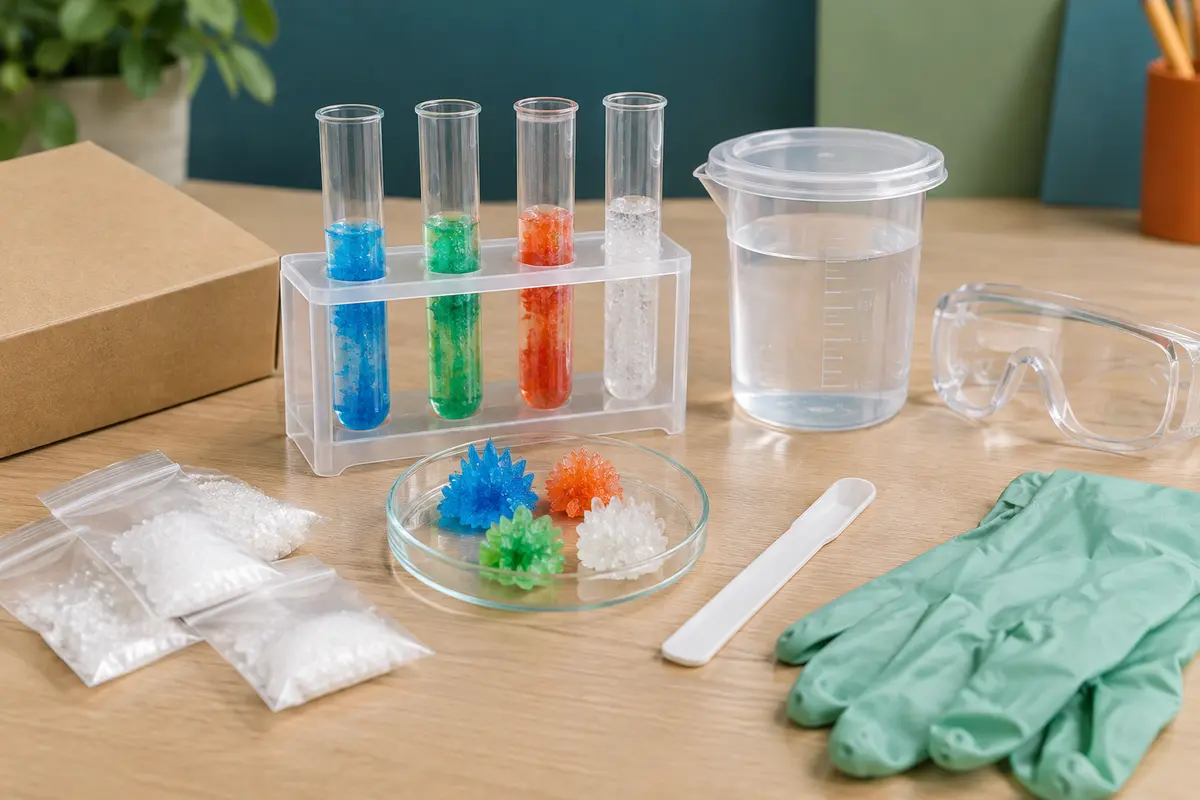 Kit de cristallisation avec tubes, bécher gradué, lunettes et spatule sur une table claire