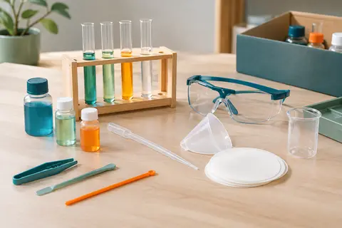 Kit de chimie avec tubes à essai, pipette, lunettes et accessoires disposés sur une table claire.