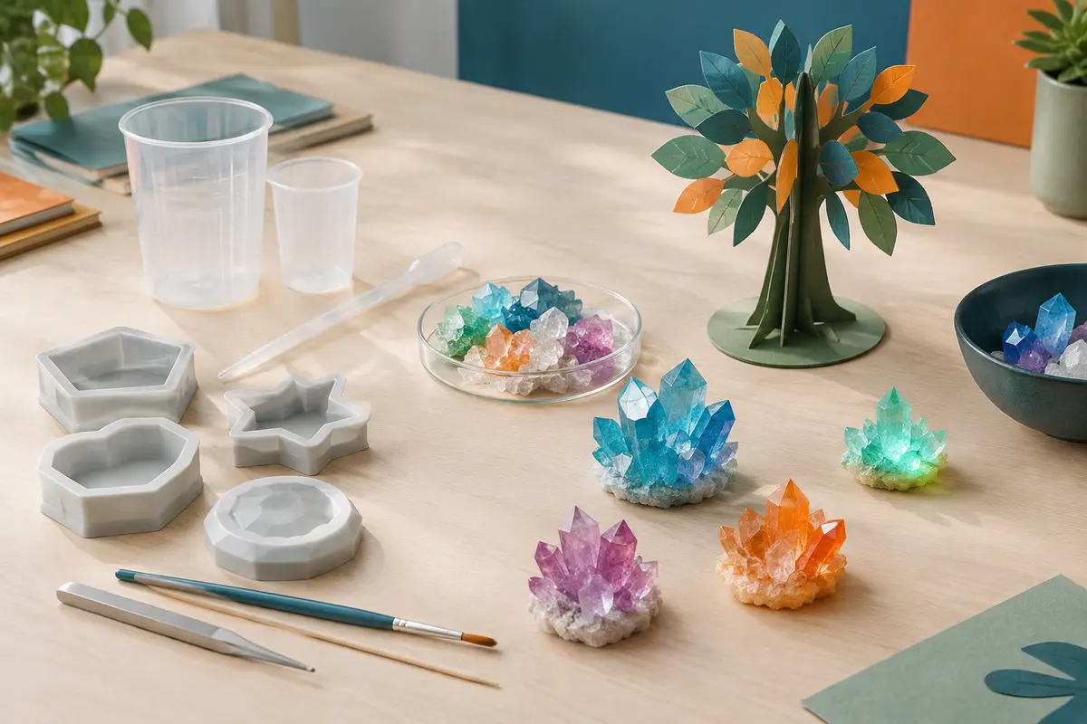 Kit de cristallisation avec moules, outils, arbre en carton et cristaux décoratifs multicolores