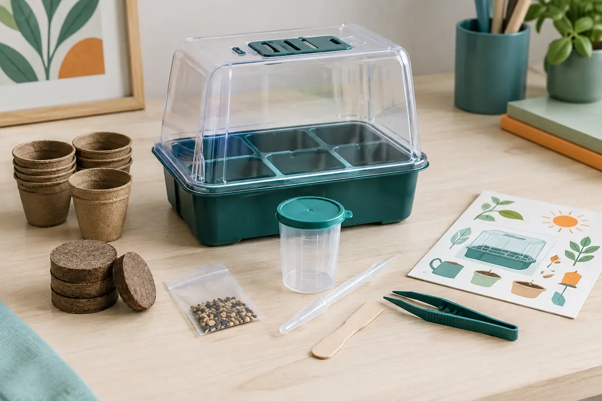 Serre botanique en plastique avec pots, graines, disques de tourbe et petits outils sur une table claire