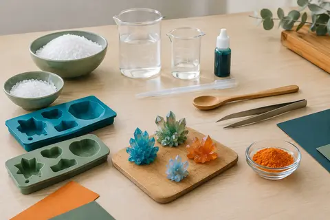 Kit de cristaux avec pipette, moules, sels colorés et petits outils sur une table de travail claire.