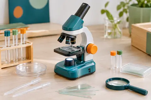Microscope pour enfant avec éclairage LED et accessoires d’observation disposés sur une table claire