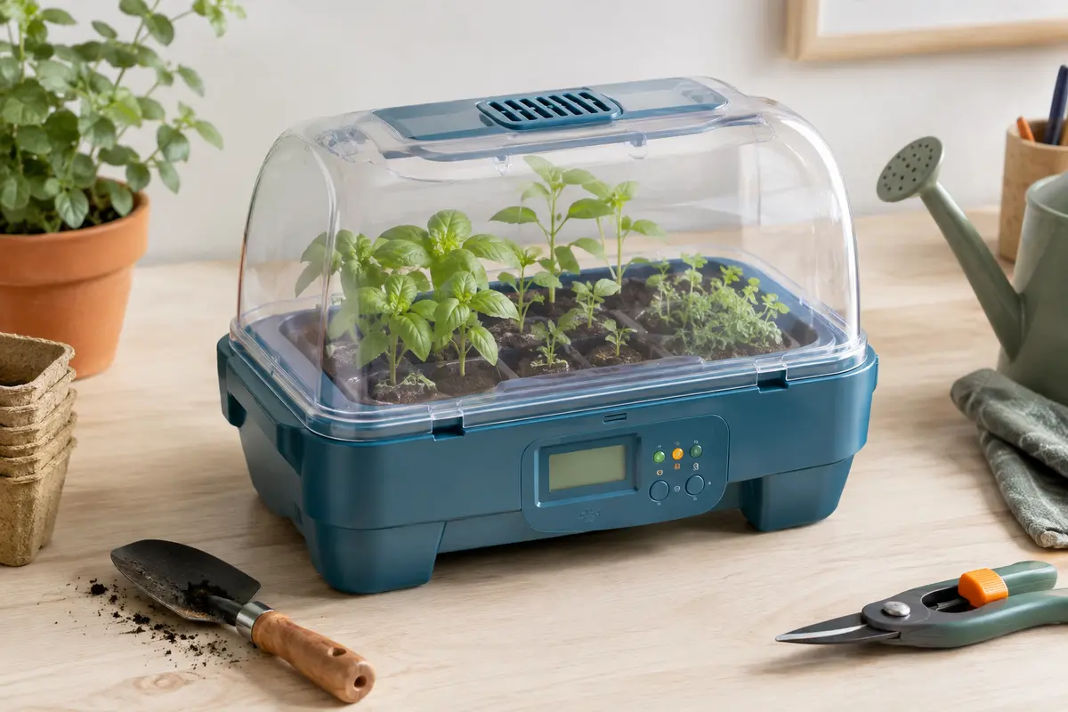 Serre botanique Clementoni en plastique bleu avec écran LCD et voyants LED sur une table claire