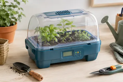 Serre botanique Clementoni en plastique bleu avec écran LCD et voyants LED sur une table claire