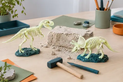 Kit de fouille avec un T-Rex, un Tricératops phosphorescents, un bloc de terre, un marteau et un burin