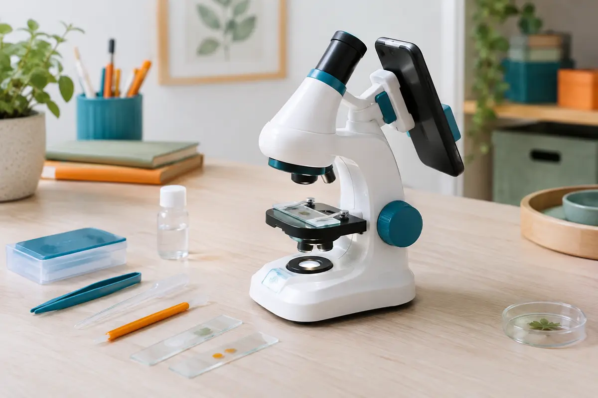 Microscope pour enfant en plastique blanc avec support de téléphone et accessoires sur une table claire.