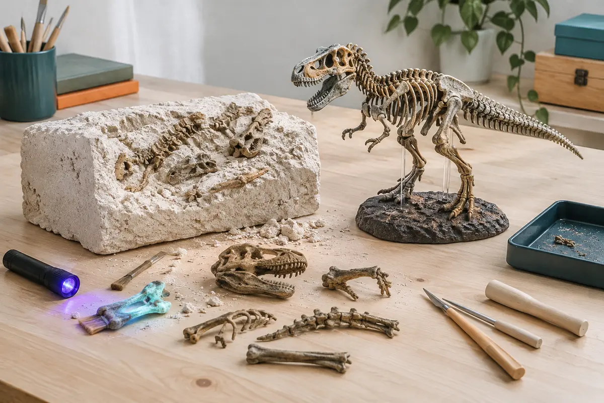Kit de fouille en plâtre avec éléments fossiles et T-Rex assemblé à effet lumineux