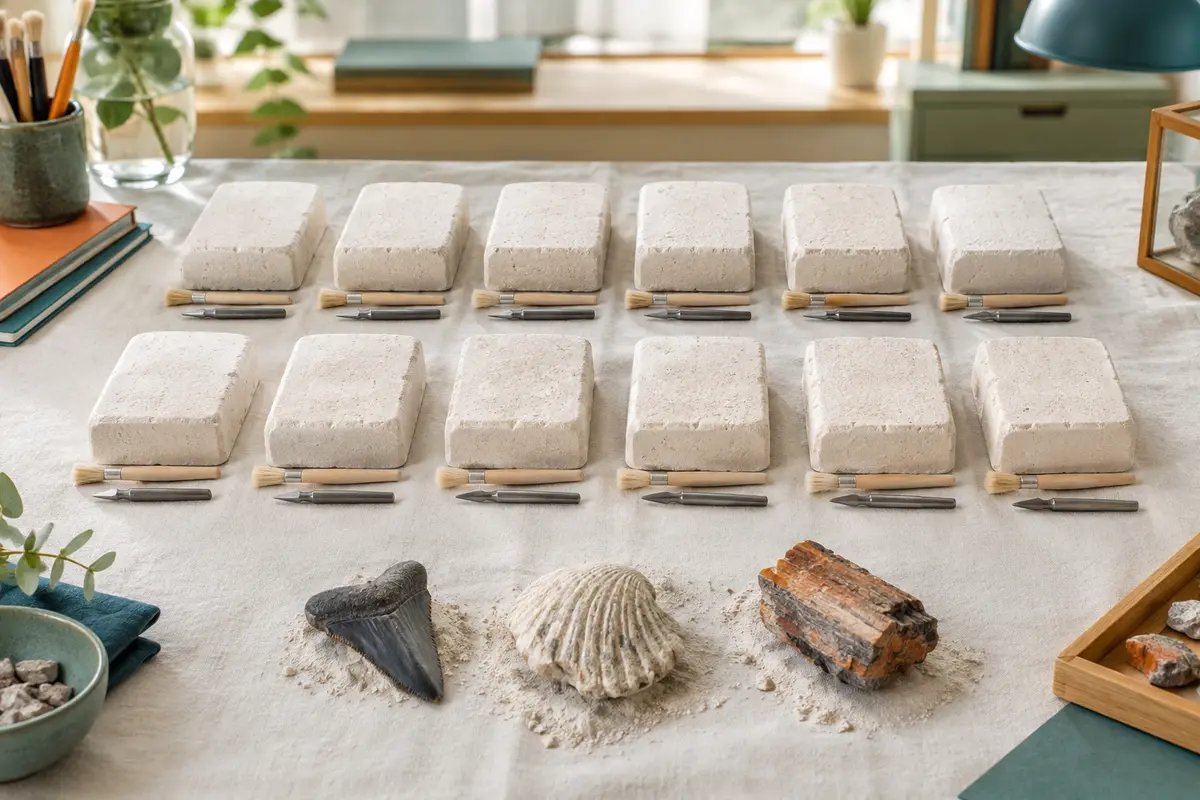 Douze blocs de fouille en plâtre disposés sur deux rangées, chacun avec son pinceau et son burin, près d’une dent de requin, d’une coquille et de bois pétrifié