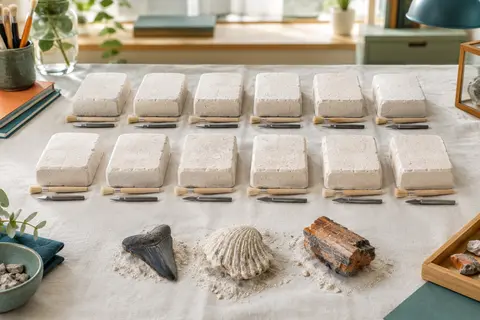Douze blocs de fouille en plâtre disposés sur deux rangées, chacun avec son pinceau et son burin, près d’une dent de requin, d’une coquille et de bois pétrifié