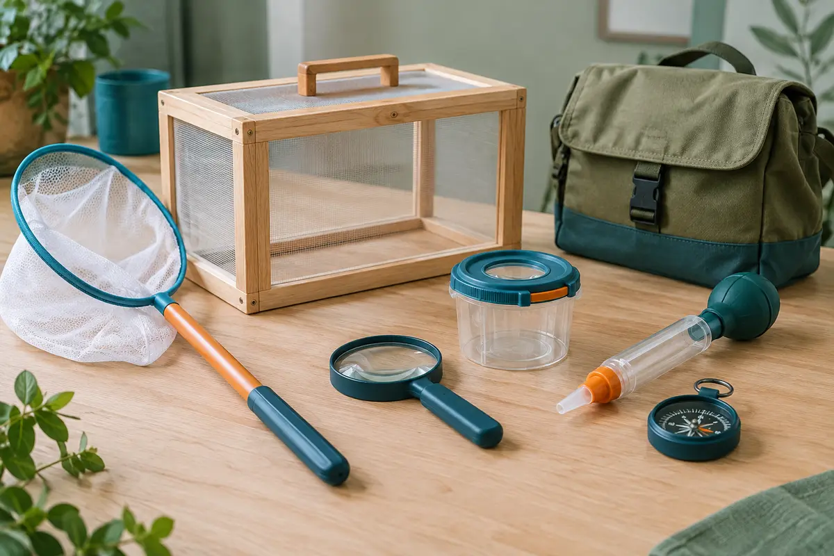 Kit d’observation des insectes avec filet, loupe, cage en bois, boîte et boussole