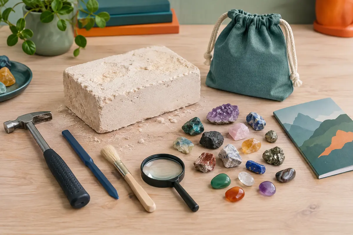 Kit de fouille avec bloc d’excavation, pierres multicolores, outils, loupe et sac de rangement sur une table claire