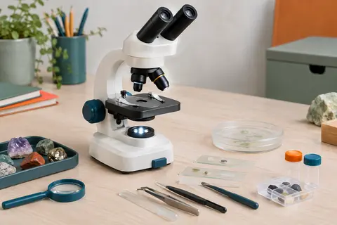 Microscope blanc pour enfants entouré de lames, de spécimens minéraux et d’accessoires d’observation