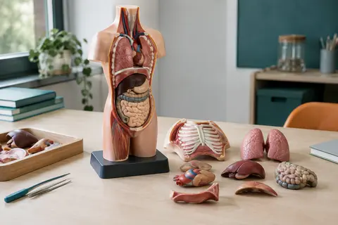 Modèle de torse anatomique en plastique avec éléments détachables et socle, posé sur une table claire.