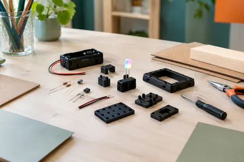 Kit d’électricité E-Tec en plastique noir avec composants de circuit et LED arc-en-ciel sur une table claire