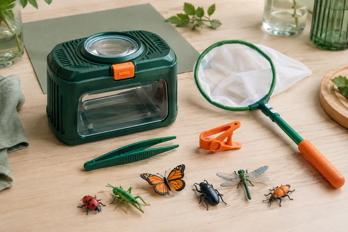 Kit d’observation Funsland avec boîte verte, filet à papillons, pinces et insectes factices sur une table claire.