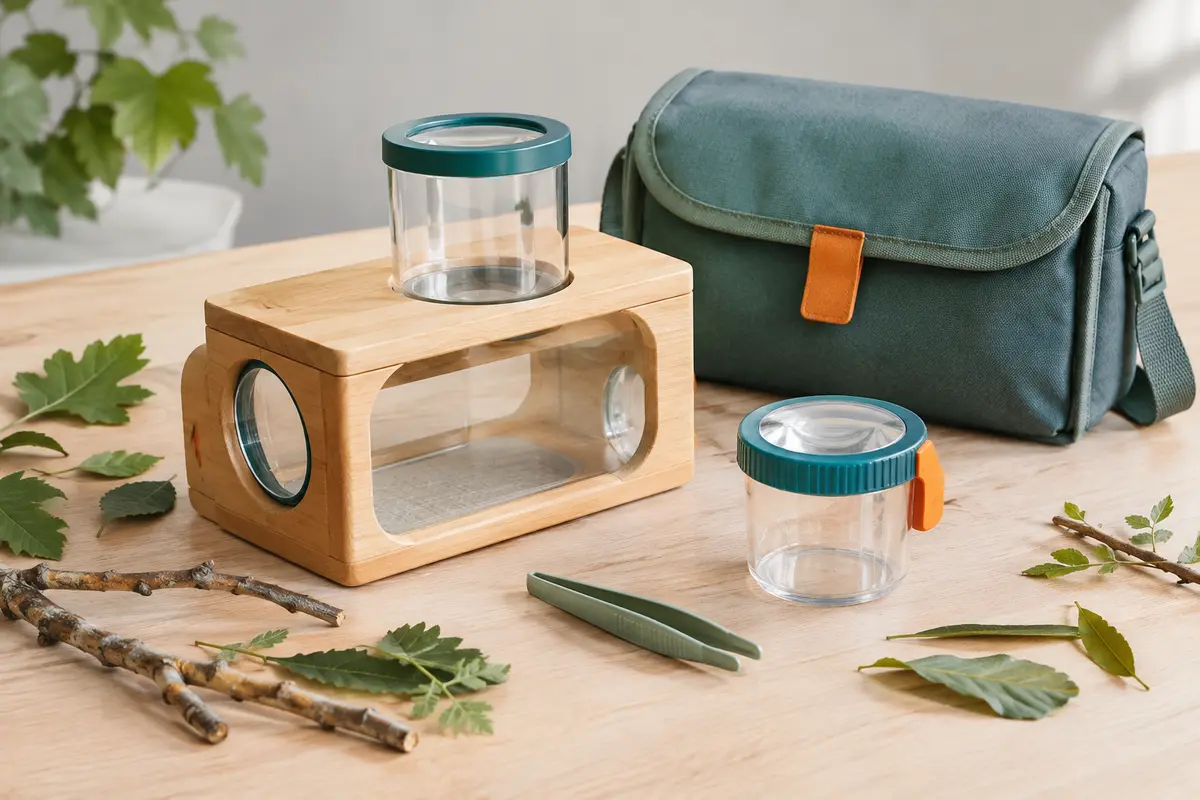 Kit d’observation des insectes en bois avec loupe à gobelet, station, pince et sac sur une table claire.