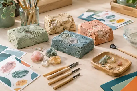 Kit de fouille avec blocs colorés, burins, fiches pédagogiques et pierres naturelles sur une table claire