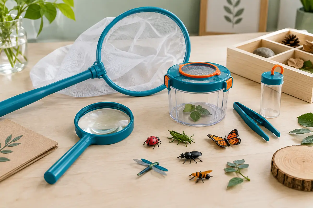 Kit d’exploration bleu avec loupe, filet à papillons, boîte d’observation et insectes factices sur une table claire.