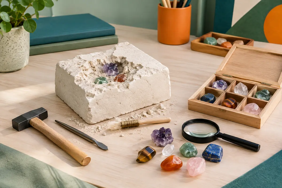 Kit de fouille avec bloc de plâtre, outils, loupe, boîte de collection et pierres colorées