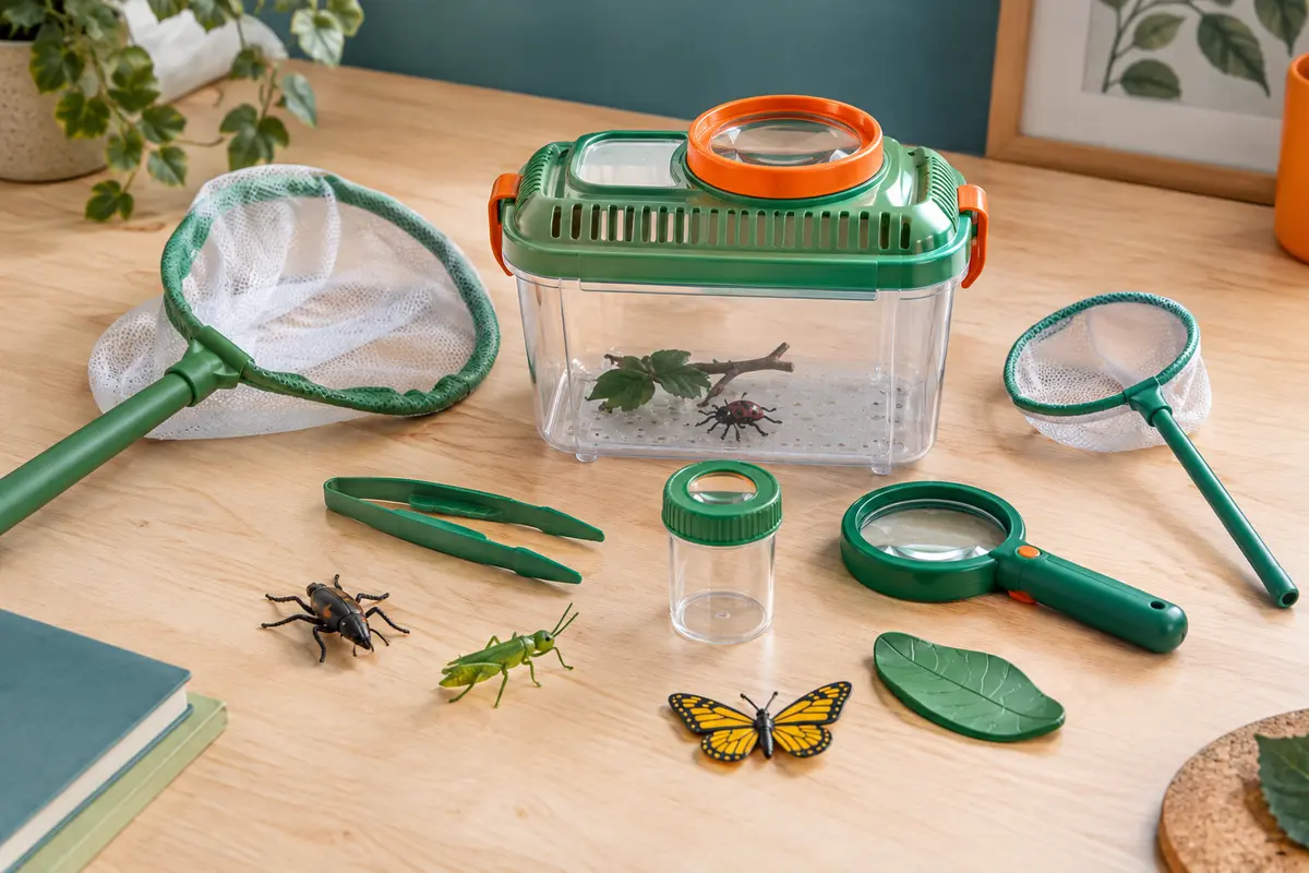Kit vert d’exploration des insectes avec boîte-loupe, filet, pince et insectes d’imitation sur une table claire