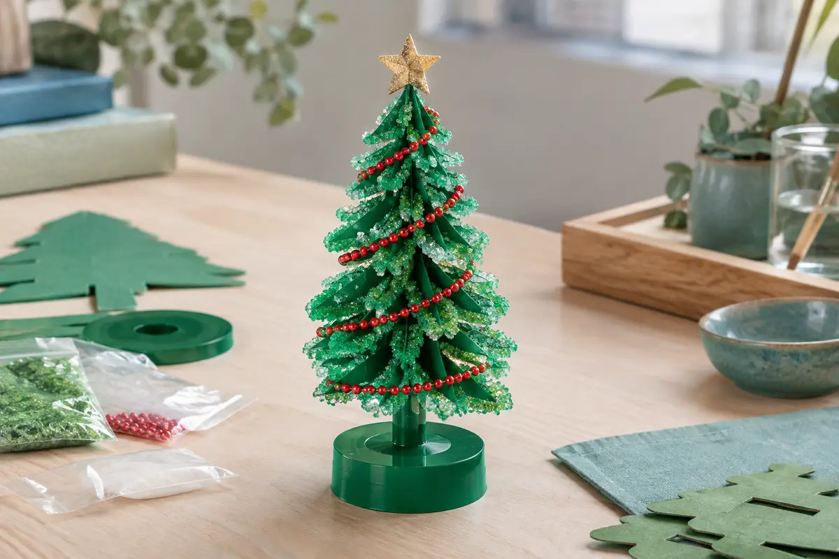 Petit sapin vert en carton couvert de cristaux, décoré d’une étoile dorée et de perles rouges.