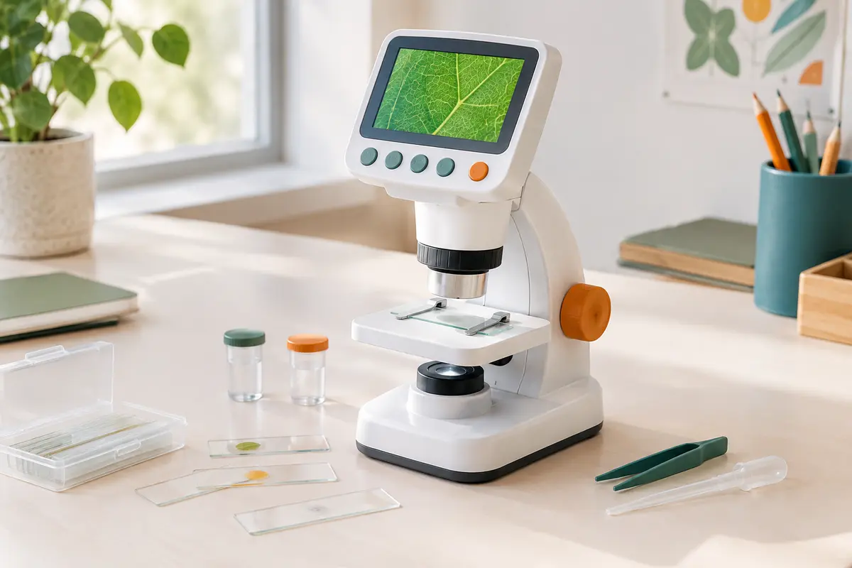 Microscope numérique blanc avec écran intégré et lames d’observation, posé sur une table claire.