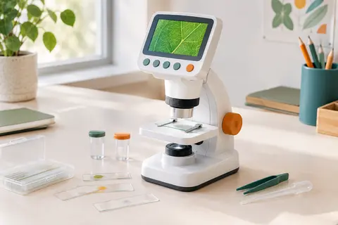 Microscope numérique blanc avec écran intégré et lames d’observation, posé sur une table claire.