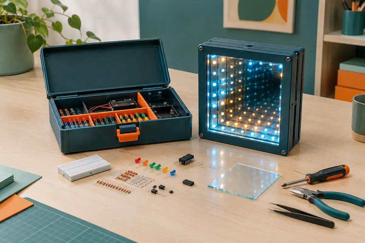 Kit électronique à circuits enfichables avec miroir infini lumineux posé sur une table claire