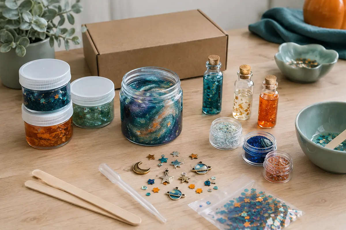 Kit de slime galactique avec pots hermétiques, flacons de potion, paillettes et charms sur une table claire.