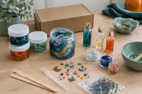 Kit de slime galactique avec pots hermétiques, flacons de potion, paillettes et charms sur une table claire.