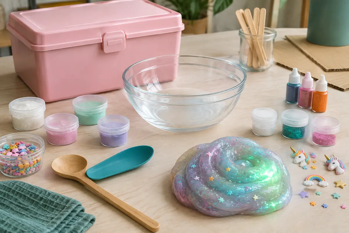 Kit de slime licorne avec petits contenants, poudres colorées, décorations et slime scintillant sur une table
